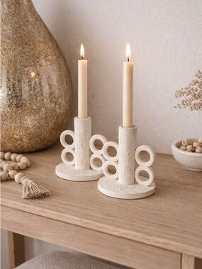 MODERN WHITE TEXTURED CANDLESTICK HOLDERS SET SCULPTURAL DECOR PAIR